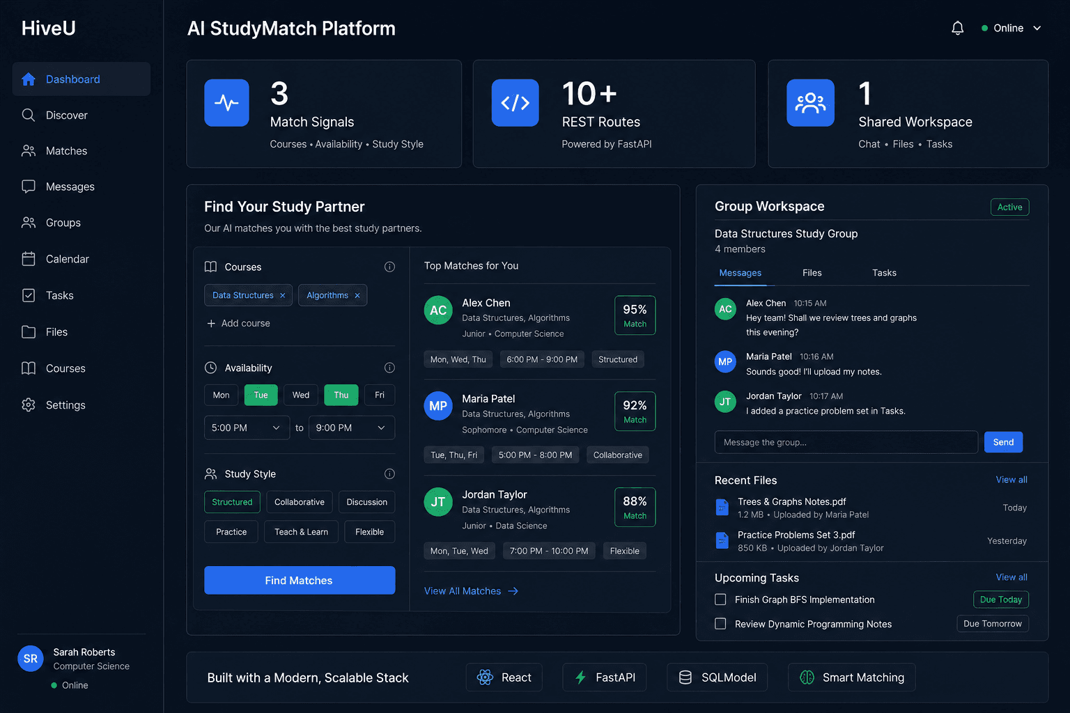HiveU AI StudyMatch dashboard showing course, availability, and study-style matching with a shared group workspace